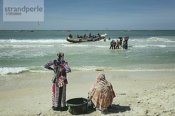 Traditioneller Fischereistrand  Plage des Pêcheurs Traditionnels  Ankunft der Fischerboote  Nouakchott  Mauretanien  Afrika