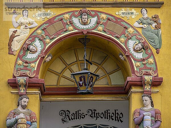 Alte Raths-Apotheke von 1598  Ratsapotheke  Portal mit Darstellung von einem Hund als Symbol für den Geruch (Olfactus) und einem Affen als Symbol für Geschmack (Gustus)  Lüneburg  Niedersachsen  Deutschland  Europa