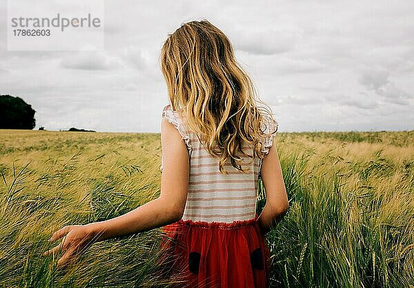 Mädchen geht an einem bewölkten Tag durch ein Maisfeld und spürt das Gras