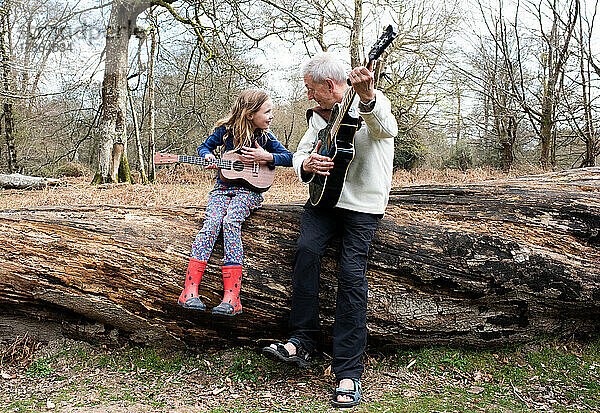 Großvater bringt seiner Enkelin im Wald das Gitarrespielen bei