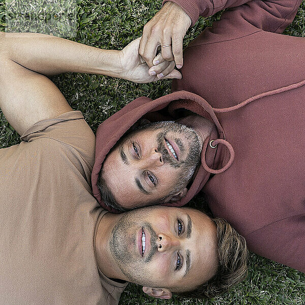 Draufsicht auf ein männliches schwules Paar  das im Gras liegt