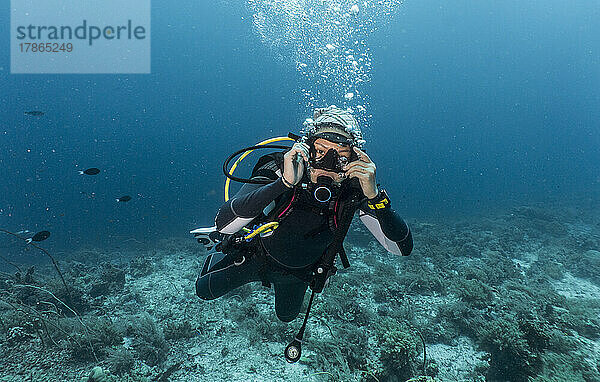 Frau steigt ins klare Wasser am Tubbataha-Riff