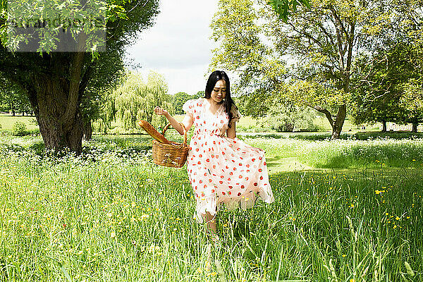 Schöne asiatische Frau  die im Sommer mit einem Picknickkorb auf einem Feld spaziert