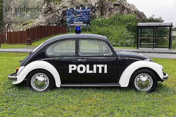 Schwarzweißer Polizei Streifenwagen VW Käfer  Oldtimer von 1965 mit Blaulicht  steht auf einer Wiese  Bodø  Bodo  Nordland  Norwegen  Europa