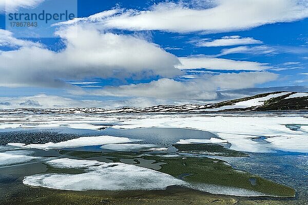 Eis auf einem See im Gebirgszug Hardangervidda  Provinz Viken und Vestland  Norwegen  Europa