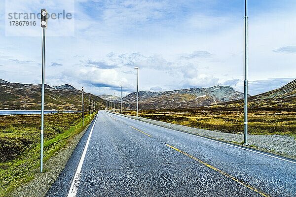 Straße über den Gebirgszug Hemsdalfjellet  Provinz Innlandet  Norwegen  Europa