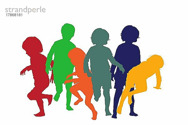 Silhouetten von Kindern spielen und laufen in Farben  isolierte Objekte über weißem Hintergrund
