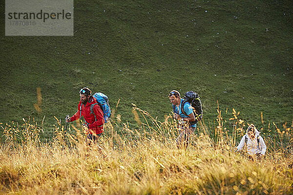 Wanderer mit Rucksäcken am Berg  Mutters  Tirol  Österreich