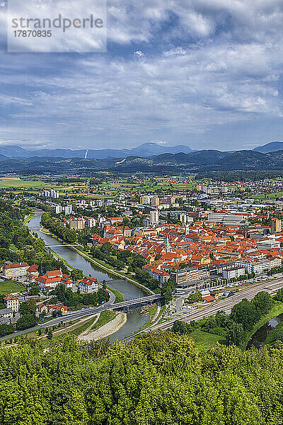Slowenien  Savinja  Celje  Luftaufnahme der Altstadt am Flussufer im Sommer mit Hügeln im Hintergrund