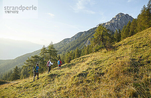 Rucksacktouristen besteigen den Berg an einem sonnigen Tag  Mutters  Tirol  Österreich