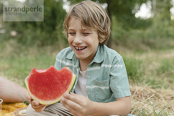 Smiling boy with watermelon slice sitting at park