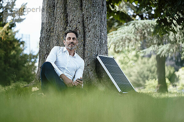 Geschäftsmann mit Mobiltelefon sitzt neben Solarpanel im Park