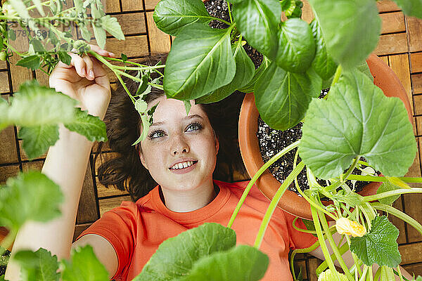 Smiling girl looking at tomato plant lying on balcony floor