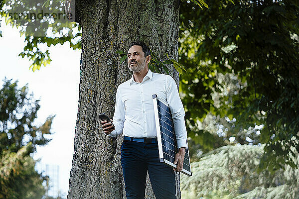 Geschäftsmann hält Smartphone und Solarpanel vor Baum