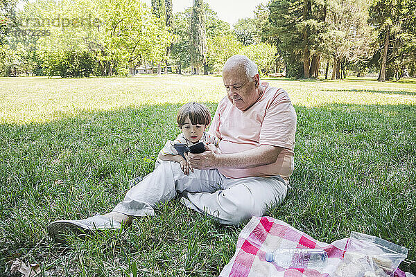 Junge mit Großvater benutzt Smartphone im Park