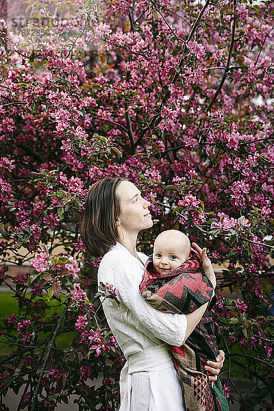 Woman with cute baby boy standing in front of apple blossom tree