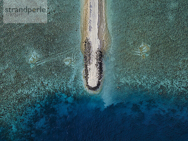 Maldives  Kaafu Atoll  Himmafushi  Aerial view of retaining wall at end of sandy peninsula