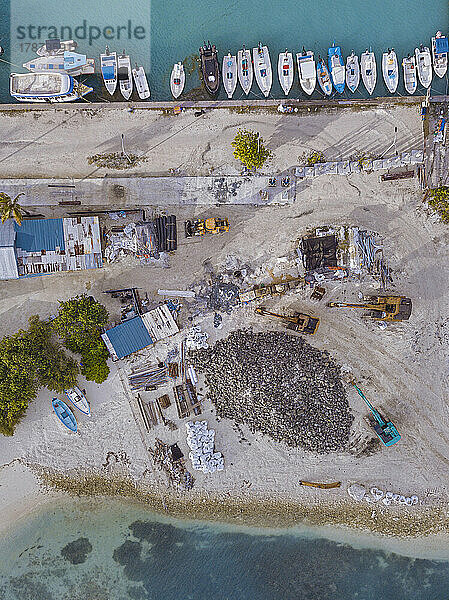 Maldives  Kaafu Atoll  Himmafushi  Aerial view of small construction site on sandy island