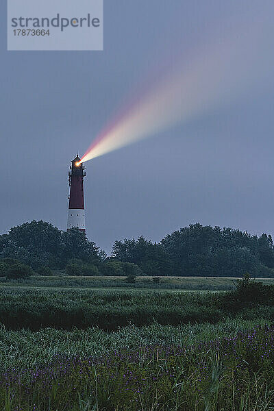 Deutschland  Schleswig-Holstein  Pellworm  Pellworm Leuchtturm wirft in der Abenddämmerung buntes Licht