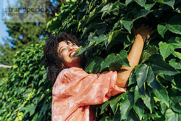 Happy woman embracing green leaves on sunny day