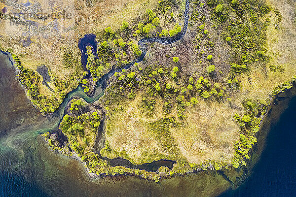 Norway  Vestland  Drone view of lakeshore in Filefjell range