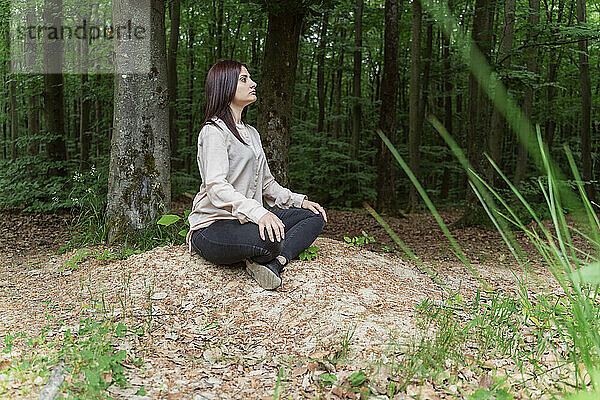 Junge Frau praktiziert Yoga im Wald