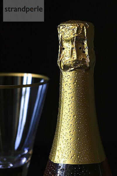 Studioaufnahme einer Champagnerflöte und einer gekühlten Flasche Champagner
