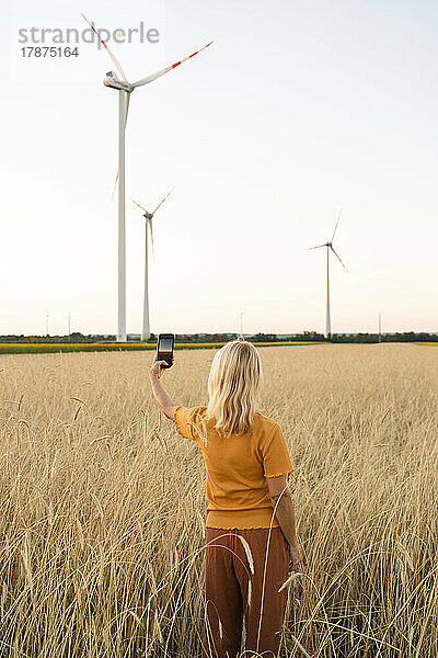 Frau fotografiert Windkraftanlagen per Smartphone auf Weizenfeld