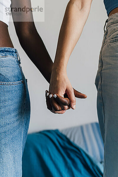 Lesbisches Paar hält sich zu Hause an den Händen