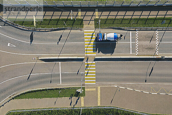 Russia  Aerial view of cement truck in front of empty zebra crossing