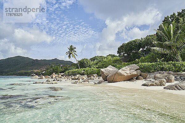 Seychellen  Praslin  Felsbrocken am tropischen Strand