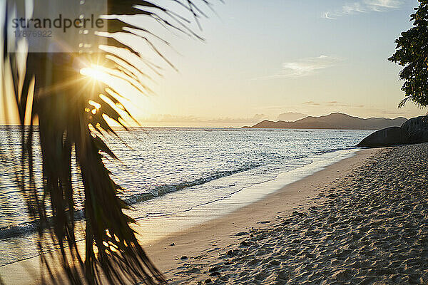 Seychellen  La Digue  tropischer Strand bei Sonnenuntergang