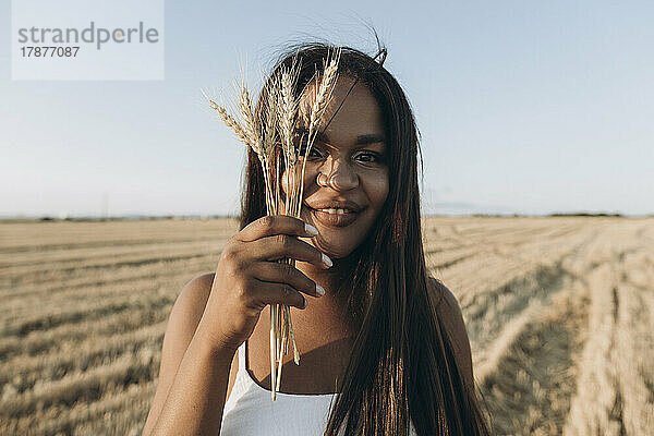 Lächelnde Frau hält Weizenernte vor dem Gesicht auf dem Bauernhof