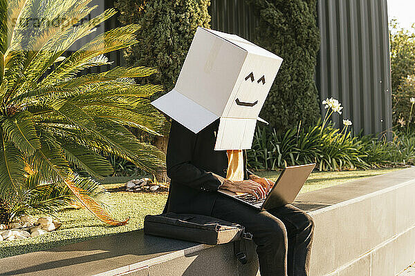 Freelancer wearing box with smiley face using laptop sitting on wall