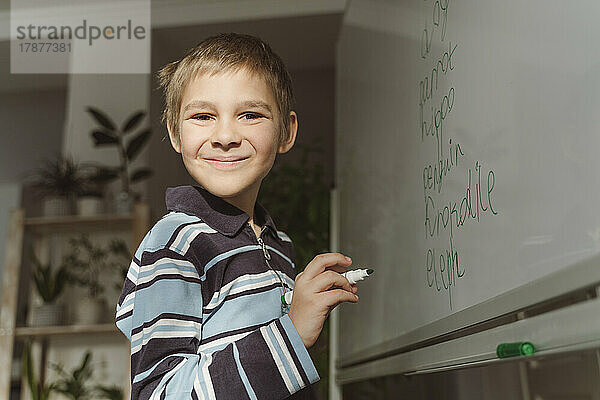 Smiling boy with felt tip pen by whiteboard at home