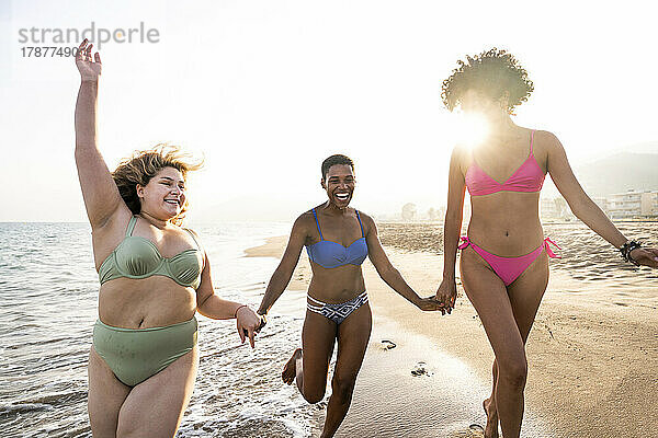 Sorglose  gemischtrassige Frauen  die an einem sonnigen Tag Spaß am Strand haben