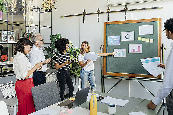 Geschäftsfrau macht Brainstorming mit Kollegen bei einem Treffen im Büro