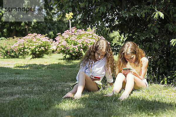 Schwestern nutzen an einem sonnigen Tag Smartphones im Park