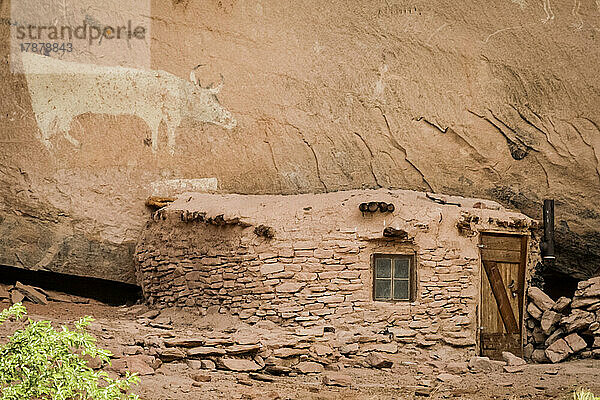 Vereinigte Staaten  Navajo-Nation  Arizona  Canyon de Chelley  Petroglyphe und altes Lehmhaus