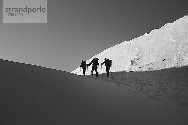 Silhouette Skifahrer beim Bergsteigen auf einem verschneiten Berg  Selkirk Mountains  Kanada