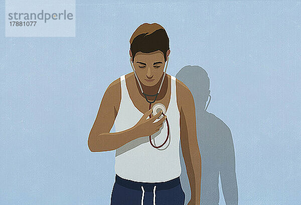 Mann mit Stethoskop überprüft seine eigene Atmung
