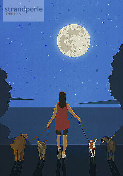 Frau mit Hunden steht am Seeufer und bietet nachts einen malerischen Blick auf den Vollmond