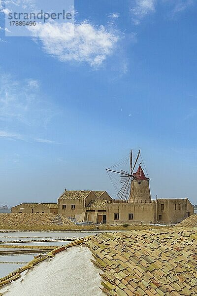 Windmühle  Salinen von Marsala  Provinz Trapani  Sizilien  Italien  Europa