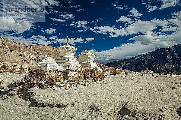 Weiß getünchte Chörten (Stupa des tibetischen Buddhismus) im Himalaya. Nubra-Tal  Ladakh  Indien  Asien