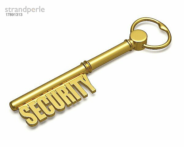 Sicherheitskonzept  goldener Schlüssel mit Sicherheitstext aus Gold vor weißem Hintergrund