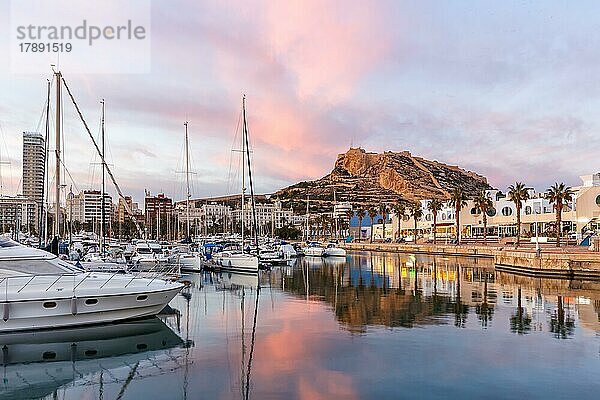 Hafen von Alicante am Abend Port dAlacant Marina mit Booten und Blick auf die Burg Castillo Urlaub Reise reisen Stadt in Alicante  Spanien  Europa