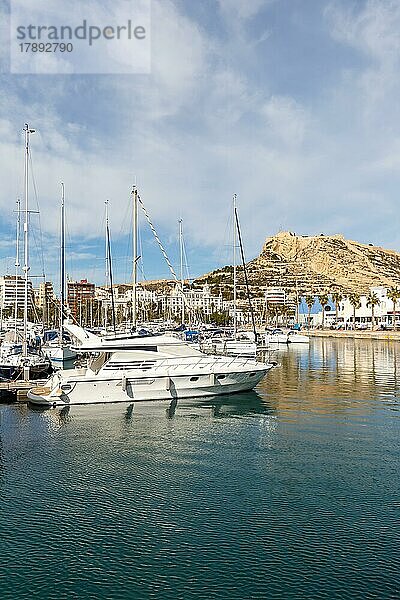 Hafen von Alicante Port dAlacant Marina mit Booten und Blick auf die Burg Castillo Urlaub Reise reisen Stadt in Alicante  Spanien  Europa