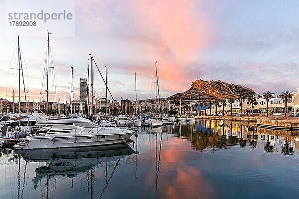 Hafen von Alicante am Abend Port dAlacant Marina mit Booten und Blick auf die Burg Castillo Urlaub Reise reisen Stadt in Alicante  Spanien  Europa