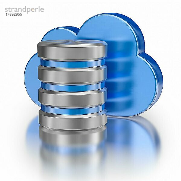 Remote-Datenbank-Cloud-Computing-Technologie Speicher-Konzept  Metall-Symbol Datenbank-Symbol und blau glänzende Wolke mit Reflexion auf weiß