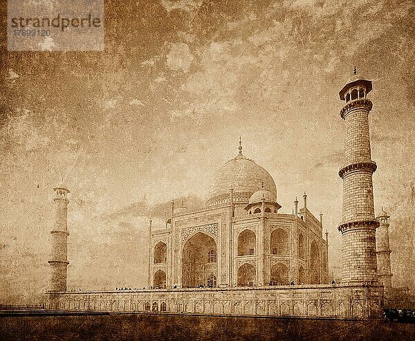 Taj Mahal indisches Symbol  Indien Reise Hintergrund mit Grunge-Textur überlagert. Agra  Indien  Asien